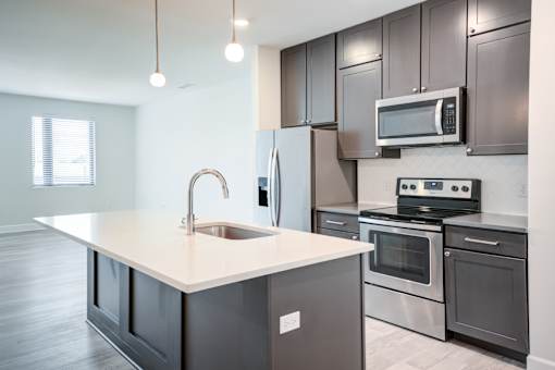 A modern kitchen with dark grey cabinets and stainless steel appliances. at The MK, Indianapolis, IN