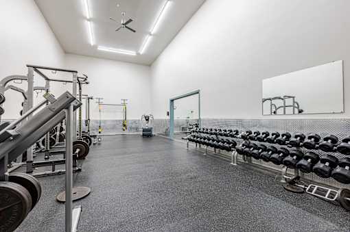 A gym with a mirror on the wall and weights on the floor.