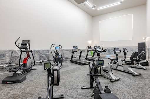 A row of treadmills and stationary bikes are lined up in a gym.