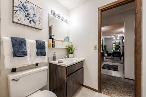 A bathroom with a white toilet, a sink, and a mirror.