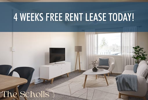 A living room with a television, chairs, and a table is advertised for a free rent lease.