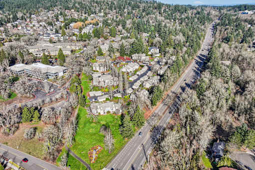 A road runs through a residential area with houses on both sides.