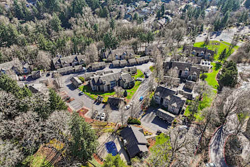 A bird's eye view of a residential neighborhood with houses and trees.