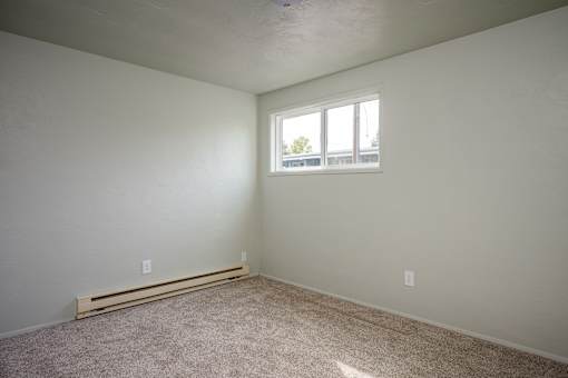 A room with a window and a carpeted floor.