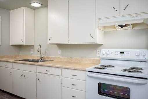 A white kitchen with a stove and sink.