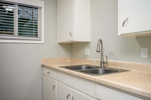 A kitchen with a sink and cabinets.