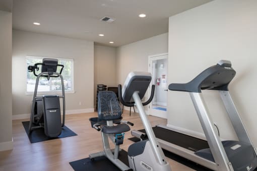 a home gym with treadmills and exercise bikes