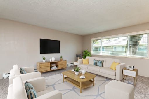 a living room with a couch and a table