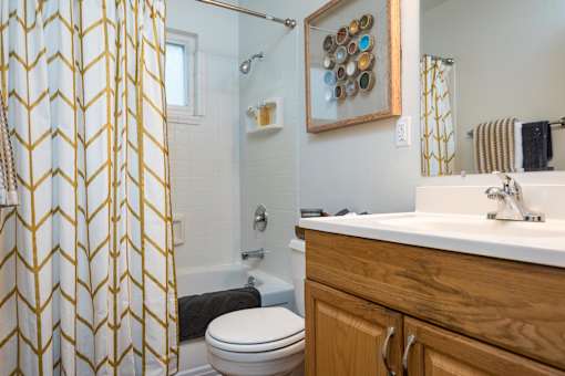 A bathroom with a toilet, sink, and shower.