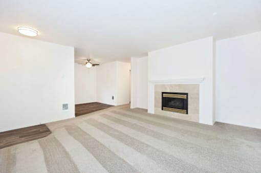 A room with a fireplace and striped carpet.