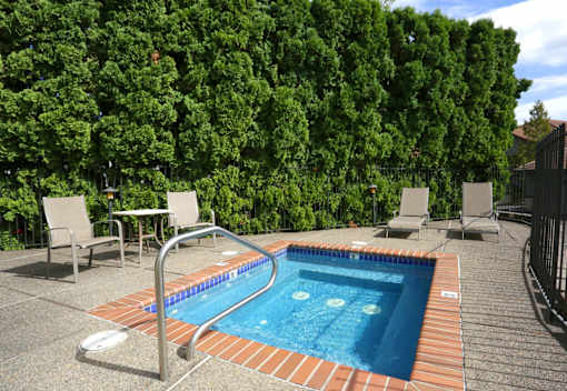 A small pool surrounded by a brick border and a table and chairs.