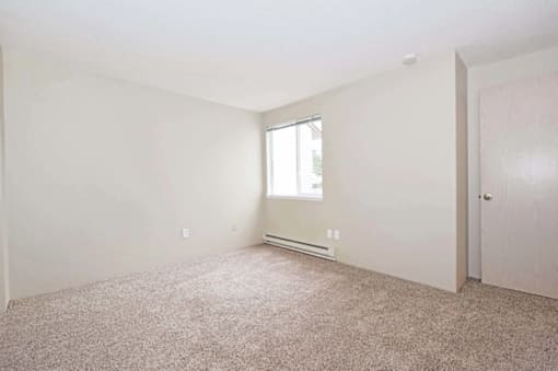 A room with a carpeted floor and a window letting in light.