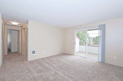 A room with a carpeted floor and a sliding glass door.