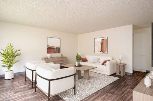 A living room with a white couch, a white chair, a white coffee table, a white rug, and a white plant.