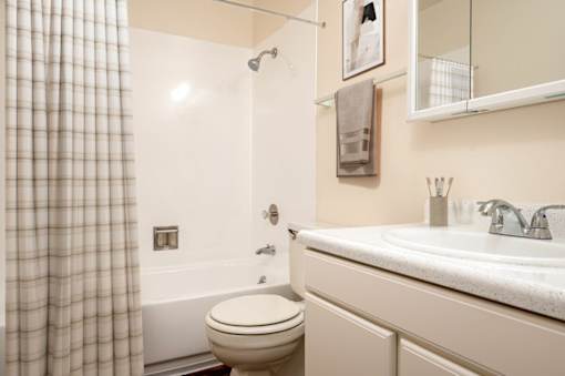 A bathroom with a toilet, sink, and shower.