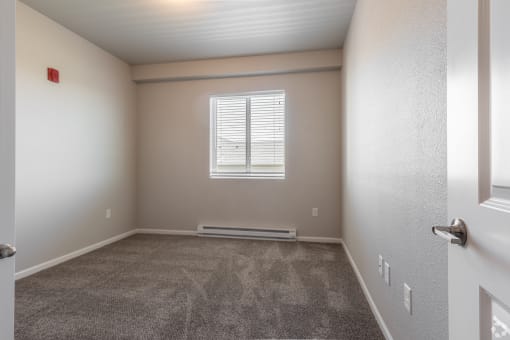 an empty room with carpet and a window