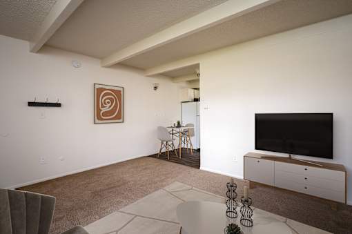 A living room with a television and a chair.