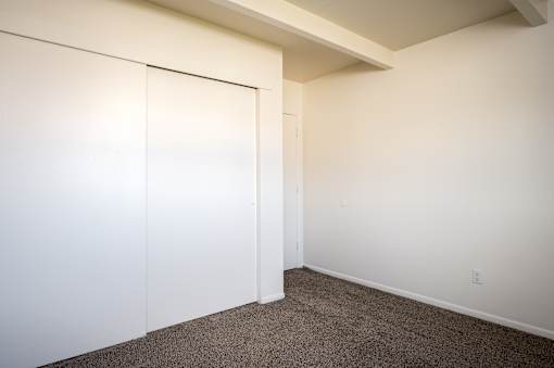 A room with a white wall and a brown carpet.