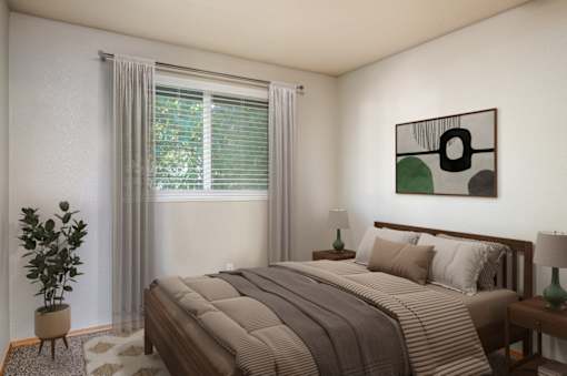 A bedroom with a bed, nightstand, and a painting on the wall.