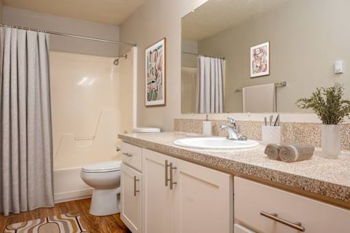A bathroom with a toilet, sink, and shower.