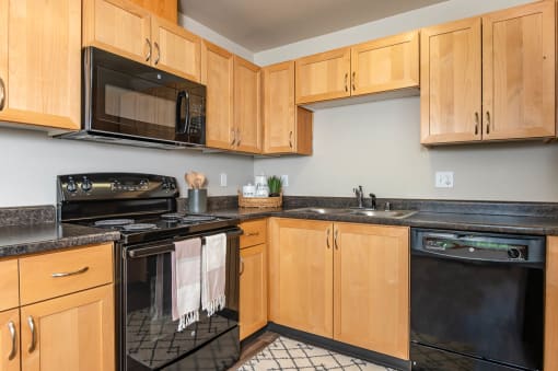 Wood cabinets and black appliance package