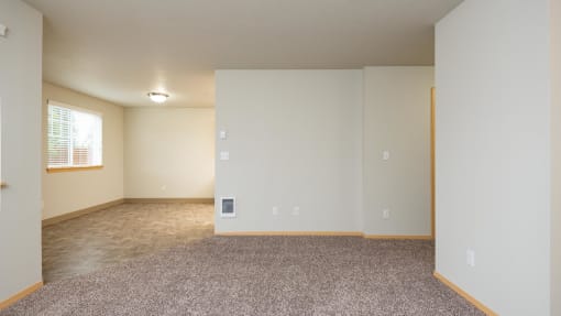 an empty room with a window and carpet