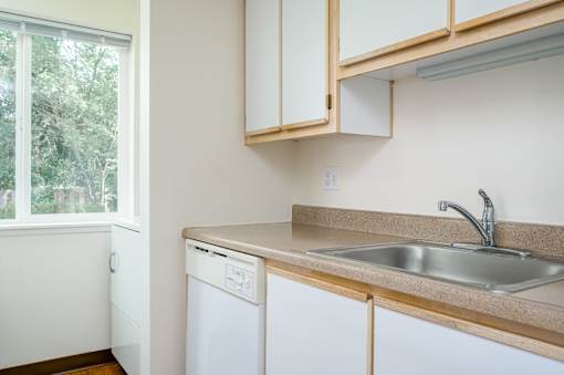 A kitchen with a white dishwasher and a stainless steel sink.