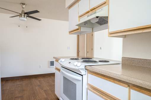 A modern kitchen with a stove top oven and a fan.