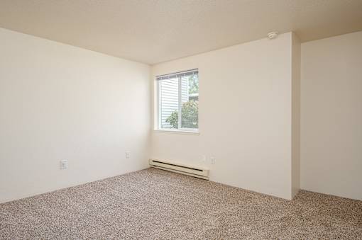 A room with a window and a heater.