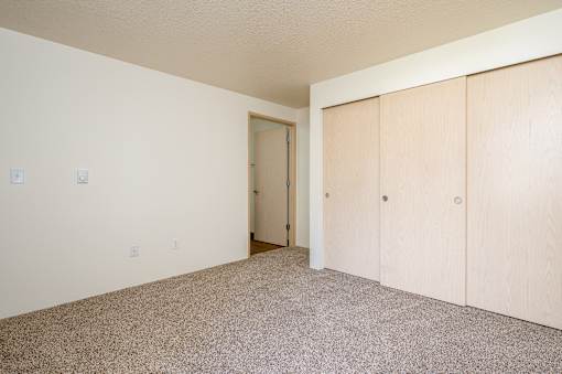 A room with a carpeted floor and a doorway leading to another room.