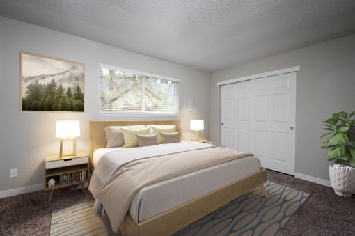 a bedroom with a bed and a window