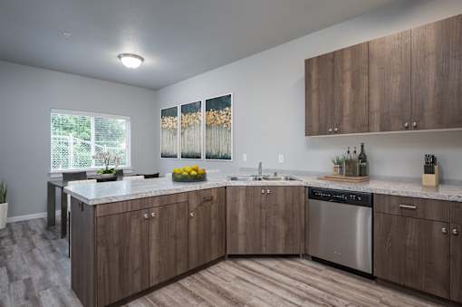 A kitchen with wooden cabinets and a stainless steel dishwasher.