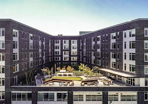 Aerial photo of building view from the west of courtyard and apartments