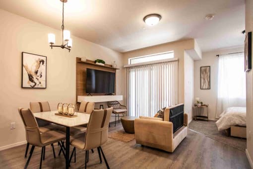 Living room with a dining table.