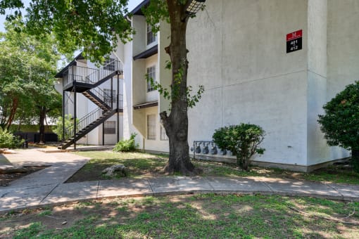 an apartment building with a tree and a sidewalk in front of it