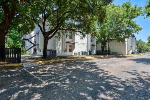 a street view of a white apartment building with trees