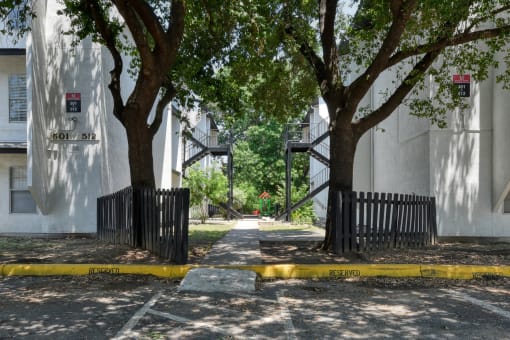 a sidewalk between two buildings with trees between them