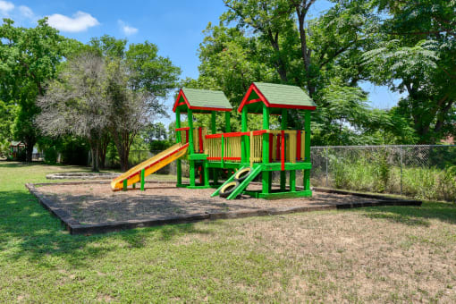 a childrens play set in a park