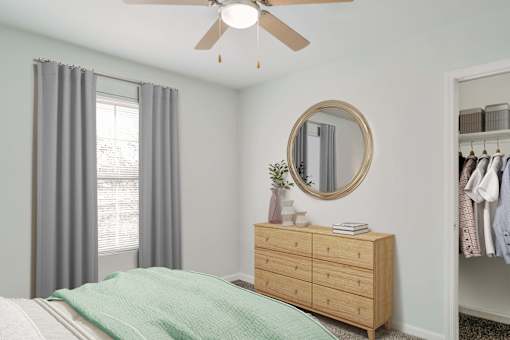 A bedroom with a bed, a dresser, a mirror, and a window with curtains.