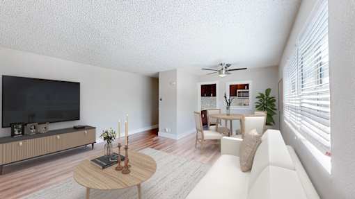 A living room with a television, a sofa, a coffee table, and a potted plant.