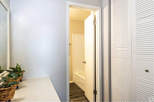 a bathroom with a white door and a shower and a closet