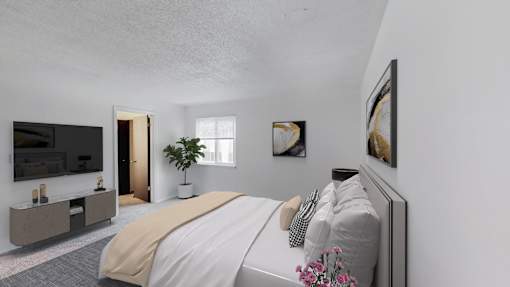 A bedroom with a bed, a TV, a plant, and pictures on the wall.