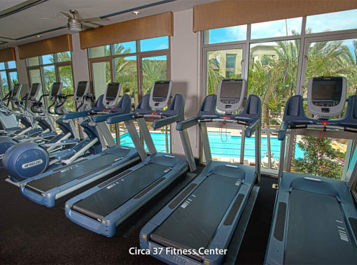 A row of treadmills in a gym with a pool in the background at Purl Apartments, San Diego, CA, 92108