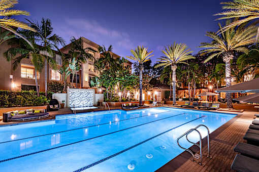 A swimming pool surrounded by palm trees at night.