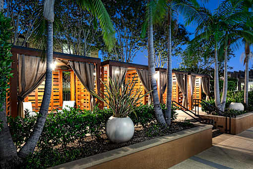 A modern building with a row of palm trees in front.