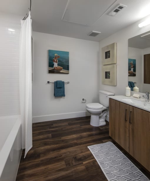 A bathroom with a toilet, sink, and a painting of a woman on the wall at Purl Apartments, San Diego, CA, 92108