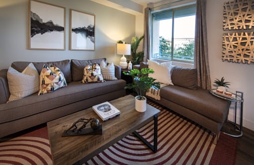 A living room with a brown couch and a coffee table at West Park Apartments, California, 92108