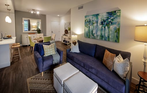A living room with a blue couch and a painting on the wall at West Park Apartments, San Diego