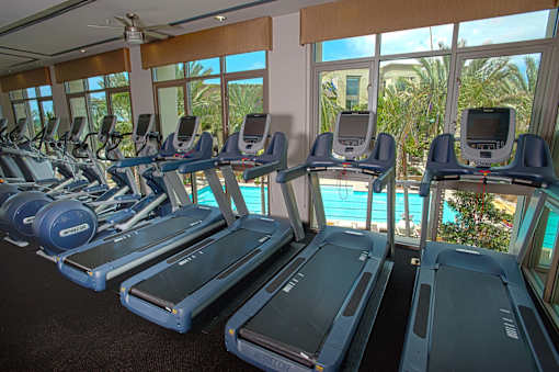A row of treadmills in a gym with a fan and windows in the background at Circa 37 Apartments, California, 92108
