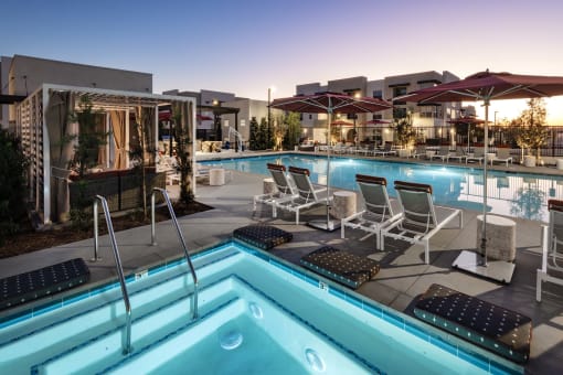 a view of the pool at the resort at Luma at El Corazon Apartments, Oceanside, CA